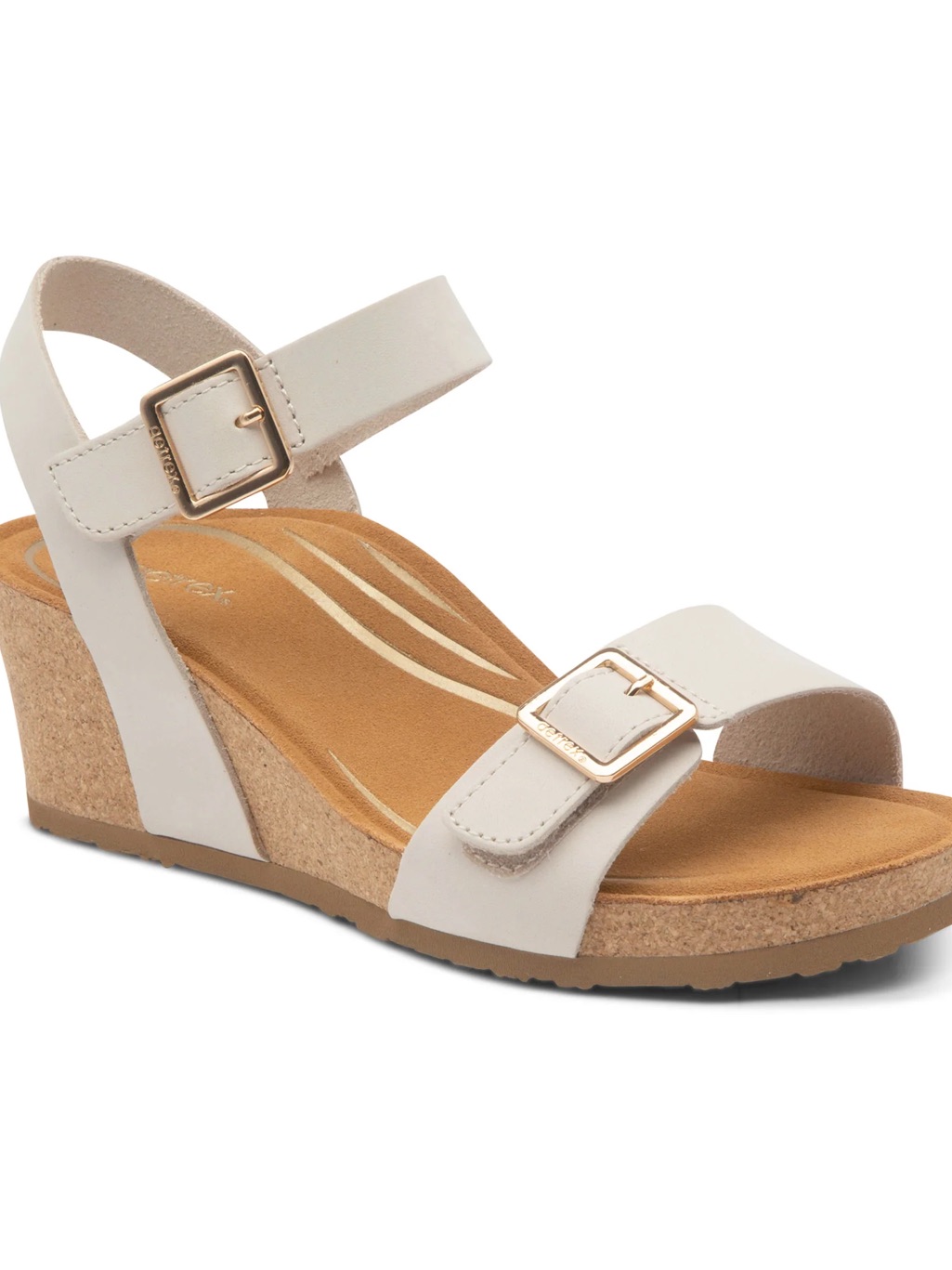 Aetrex Cream Wedge Sandal With Gold Buckles